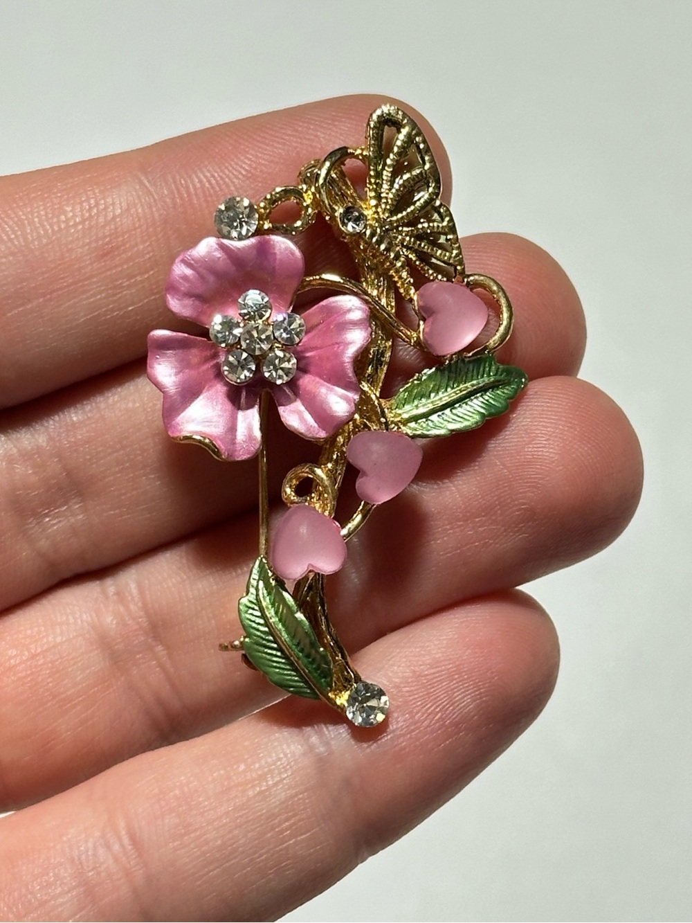 Pink Floral Crystal Gold Tone Brooch Butterfly Heart Romantic Cottagecore Rose